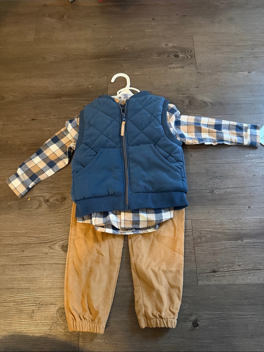 Kids Blue Quilted Vest & Plaid Shirt Matching Set with Tan Pants